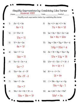 simplifying and combining like terms worksheet answer key